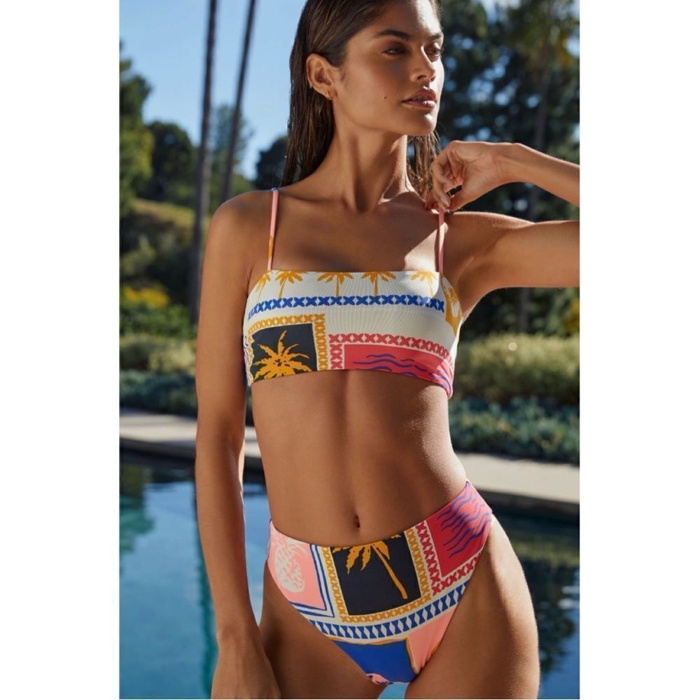 NEW Anthropologie Maaji Paradise Postals Stripe High Leg Reversible Bikini Large